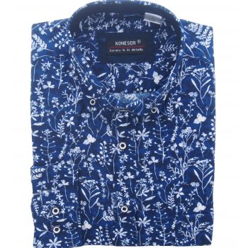 KOSZULA MĘSKA CIEMNA NIEBIESKA W KWIATY RAYON JEDWABNA ROZ.L 41/42 KW115