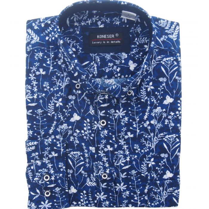 KOSZULA MĘSKA CIEMNA NIEBIESKA W KWIATY RAYON JEDWABNA ROZ.L 41/42 KW115