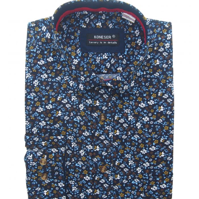 KOSZULA MĘSKA GRANATOWA W KWIATY RAYON JEDWABNA ROZ.L 41/42 KW123