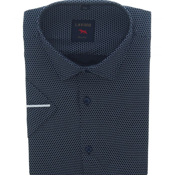 KOSZULA MĘSKA GRANATOWA WE WZORKI KRÓTKI RĘKAW SLIM ROZ.L 40/41 LV1KR