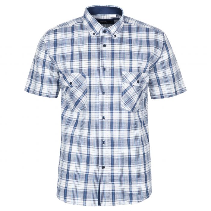 BAWEŁNIANA LNIANA KOSZULA MĘSKA W KRATKĘ KRÓTKI RĘKAW 3XL 45/46 KS42KR