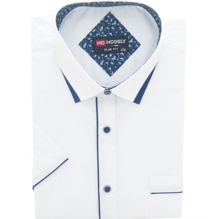 KOSZULA MĘSKA BIAŁA NA KRÓTKI RĘKAW NIEBIESKIE DODATKI 3XL 46/47 M29KR