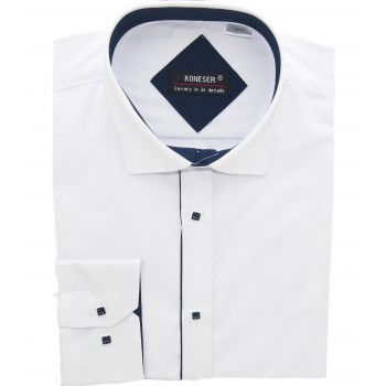 KOSZULA MĘSKA BIAŁA GRANATOWE DODATKI DŁUGI RĘKAW SLIM FIT 46/47 KW133