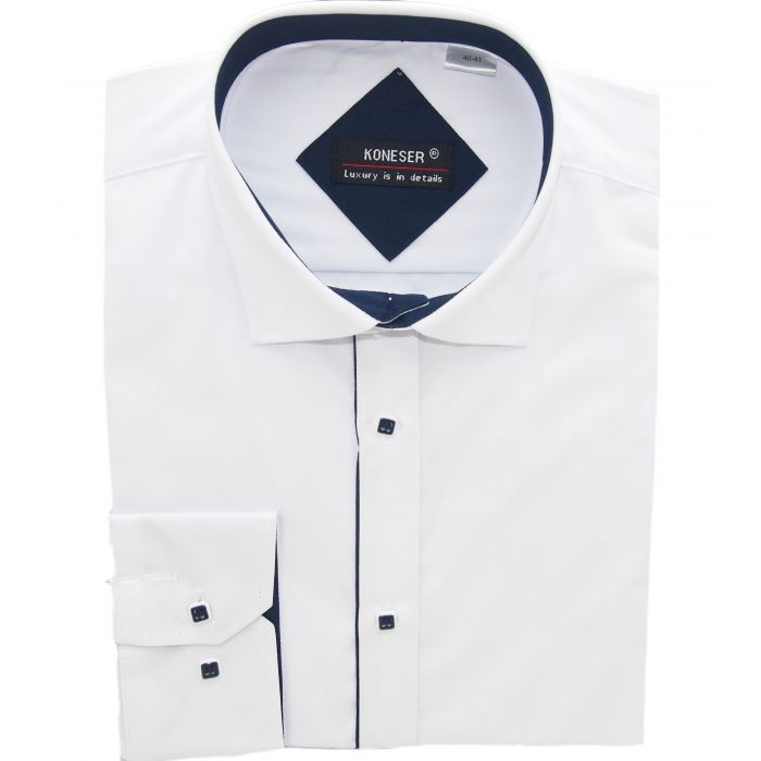 KOSZULA MĘSKA BIAŁA GRANATOWE DODATKI DŁUGI RĘKAW SLIM FIT 46/47 KW133
