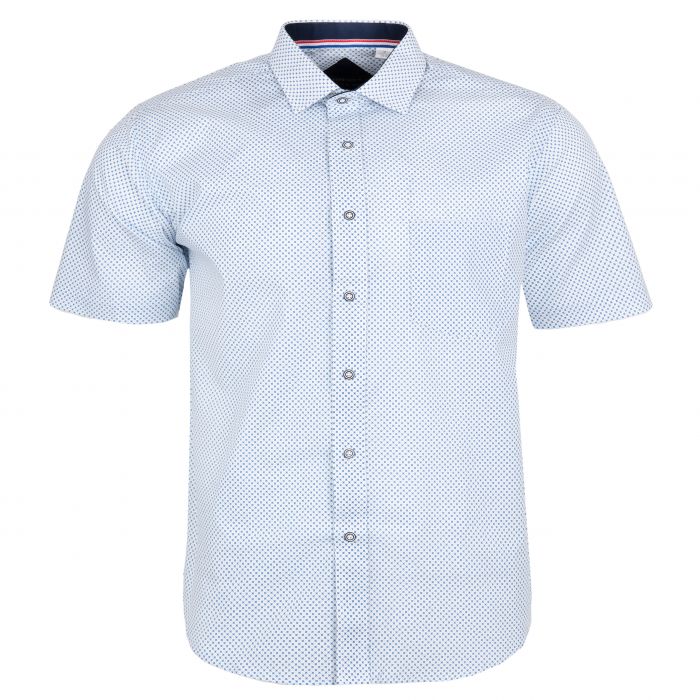 DUŻA KOSZULA MĘSKA BIAŁA W NIEBIESKIE WZORKI KRÓTKI RĘKAW 5XL 49/50 KW75KR