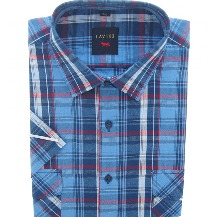 KOSZULA MĘSKA NIEBIESKA W KRATKĘ NA KRÓTKI RĘKAW XL 43/44 LS1KR