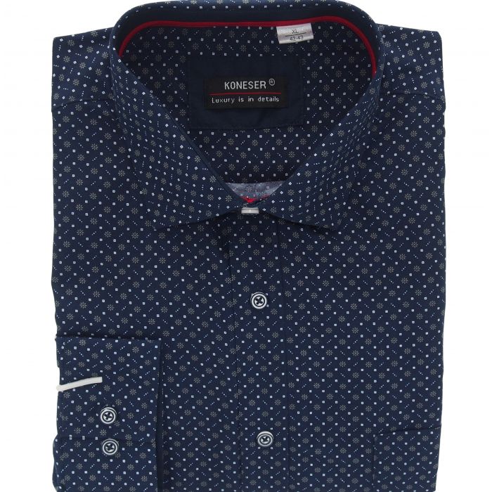 KOSZULA MĘSKA GRANATOWA WE WZORKI RAYON JEDWABNA XL 42/43 KW149