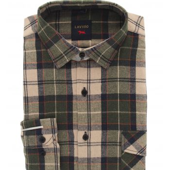 FLANELOWA KOSZULA MĘSKA W KRATKĘ BEŻOWO ZIELONA 2 KIESZENIE XL 43/44