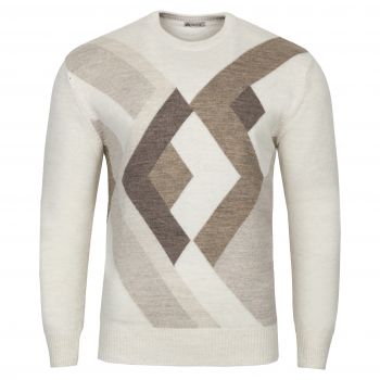 SWETER MĘSKI W ROMBY BEŻOWY WEŁNIANY POD SZYJĘ OKRĄGŁY ROZ.L SW940
