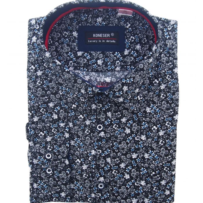 DUŻA KOSZULA MĘSKA CZARNA W KWIATY RAYON JEDWABNA 5XL 49/50 KW117