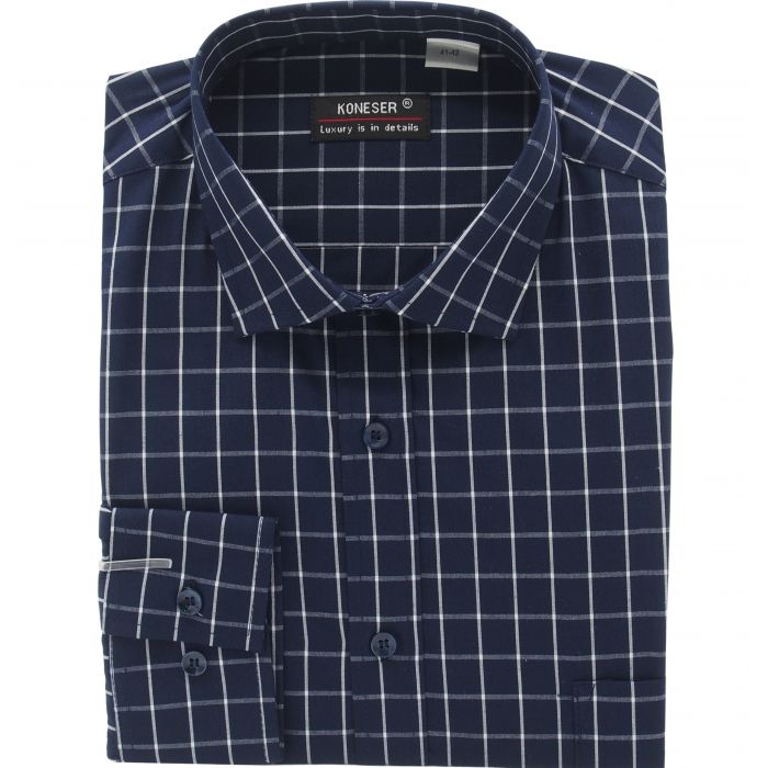 KOSZULA MĘSKA GRANATOWA W KRATKĘ NA DŁUGI RĘKAW REGULAR 43/44 KW172