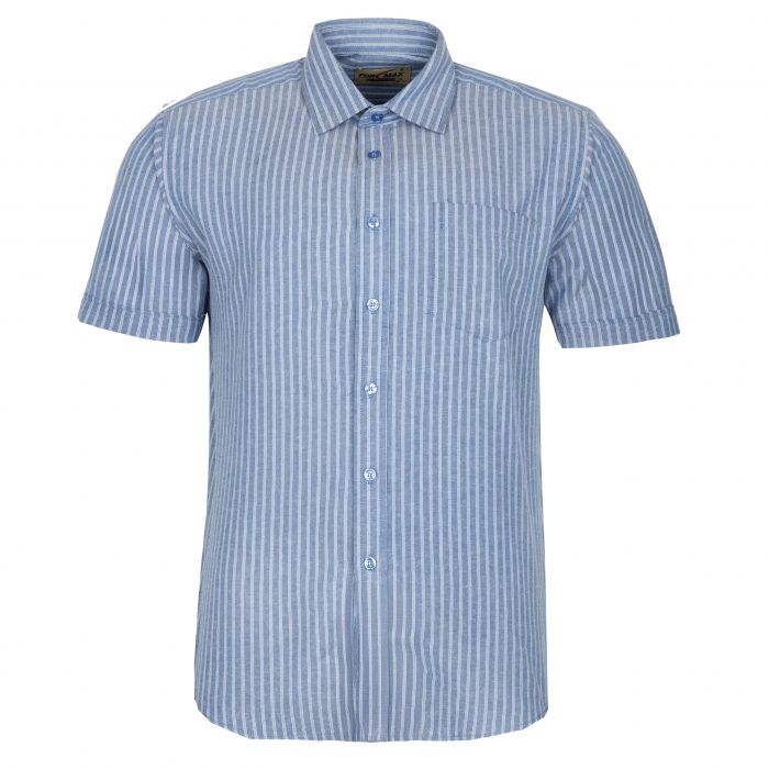 KOSZULA MĘSKA JEANSOWA W PASKI A'LA JEANS OXFORD KRÓTKI RĘKAW ROZ.L 41/42