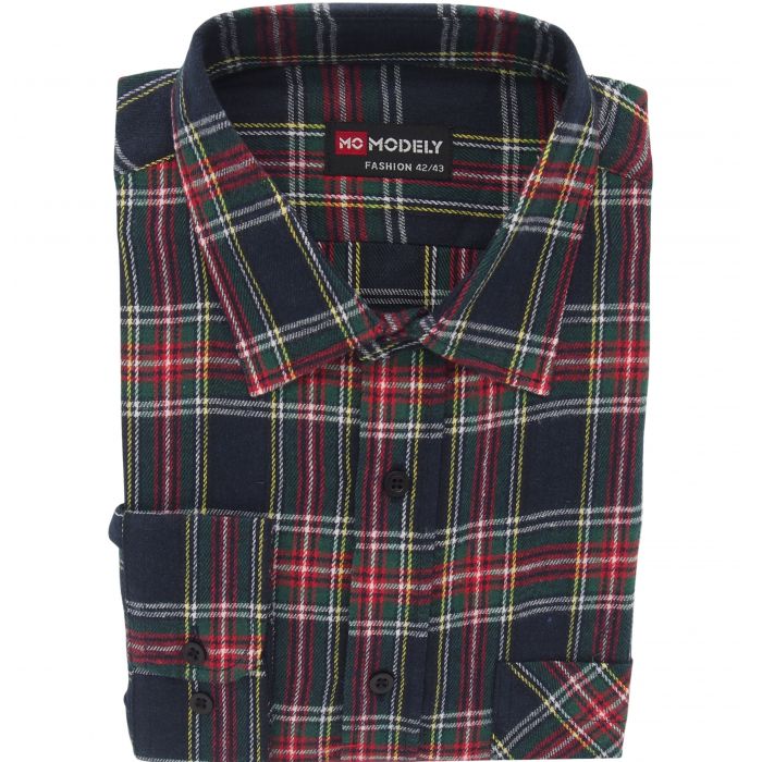 FLANELOWA KOSZULA MĘSKA W KRATKĘ CZARNA BAWEŁNIANA REGULAR 42/43 DF2
