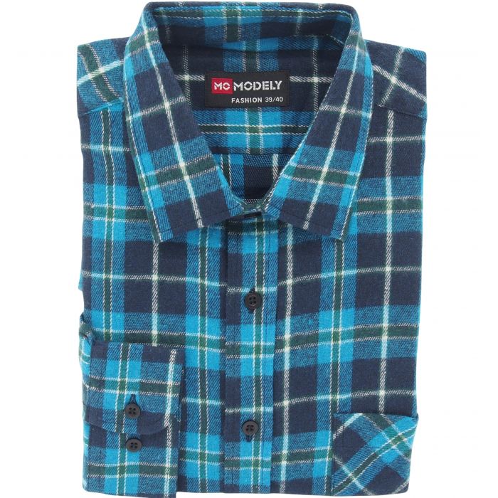 FLANELOWA KOSZULA MĘSKA W KRATKĘ TURKUSOWA BAWEŁNIANA REGULAR 45/46 DF3