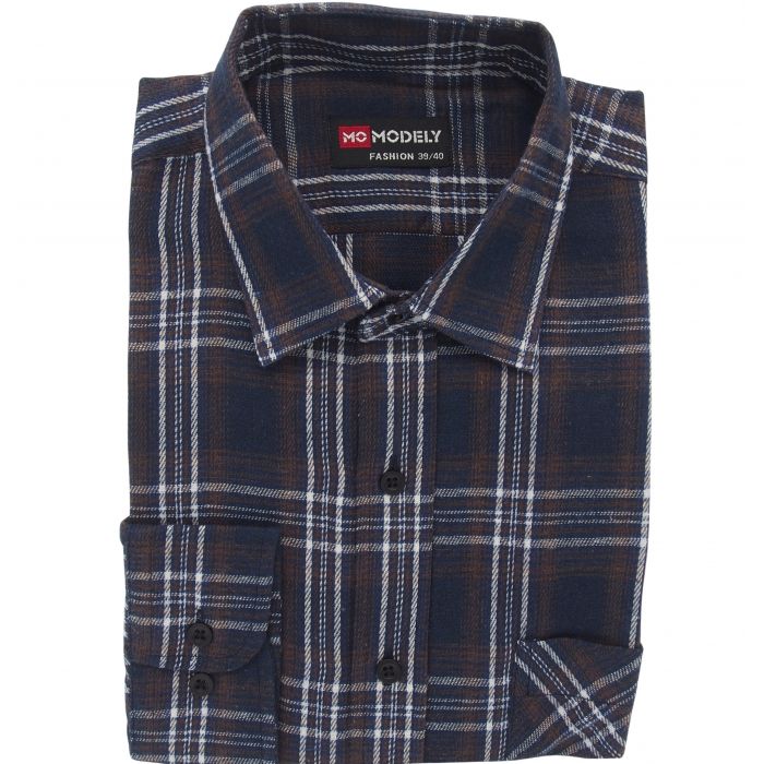 FLANELOWA KOSZULA MĘSKA W KRATKĘ GRANATOWA BAWEŁNIANA REGULAR 39/40 DF4